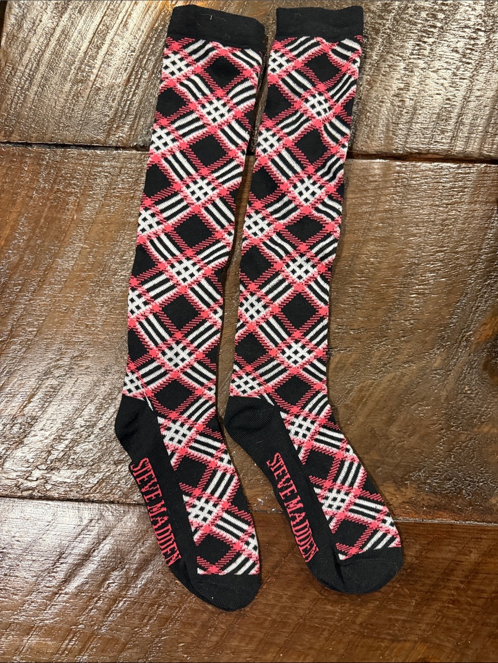 Steve Madden Black, Pink and White Plaid Knee-High Socks-NWOT